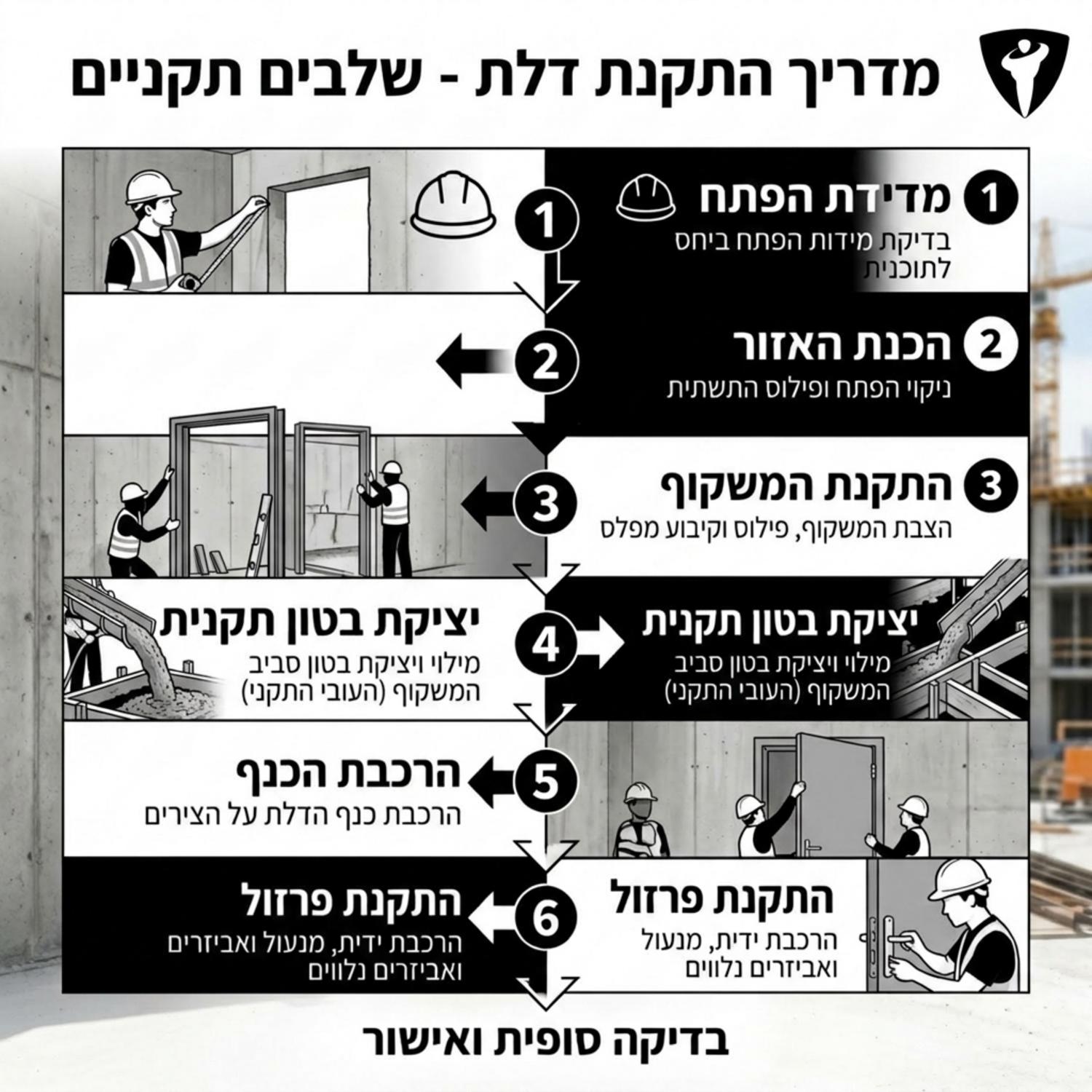 תרשים זרימה מקצועי המיועד למנהלי עבודה באתר המציג את שלבי ההתקנה הנכונים הכוללים מדידת הפתח פילוס המשקוף יציקת בטון תקנית והרכבת הכנף והפרזול