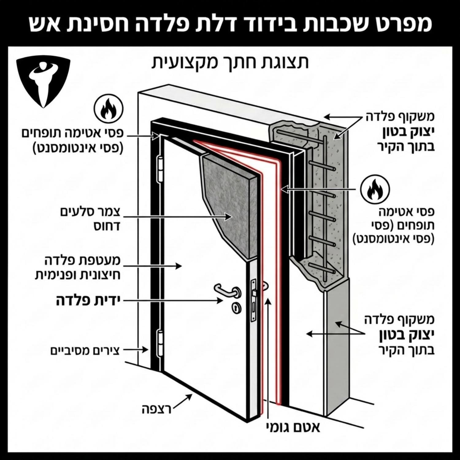 אינפוגרפיקה מקצועית המציגה את שכבות הבידוד הפנימיות של דלת פלדה חסינת אש כולל צמר סלעים דחוס פסי אטימה תופחים סביב המסגרת ומשקוף יצוק בטון